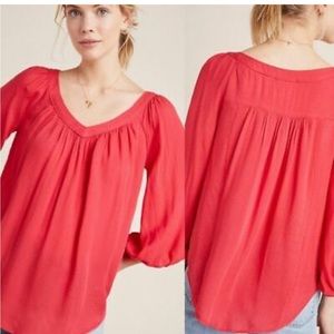 Anthropologie Mauve Boswell Peasant Top with Wide V-neckline and Raglan Sleeve.